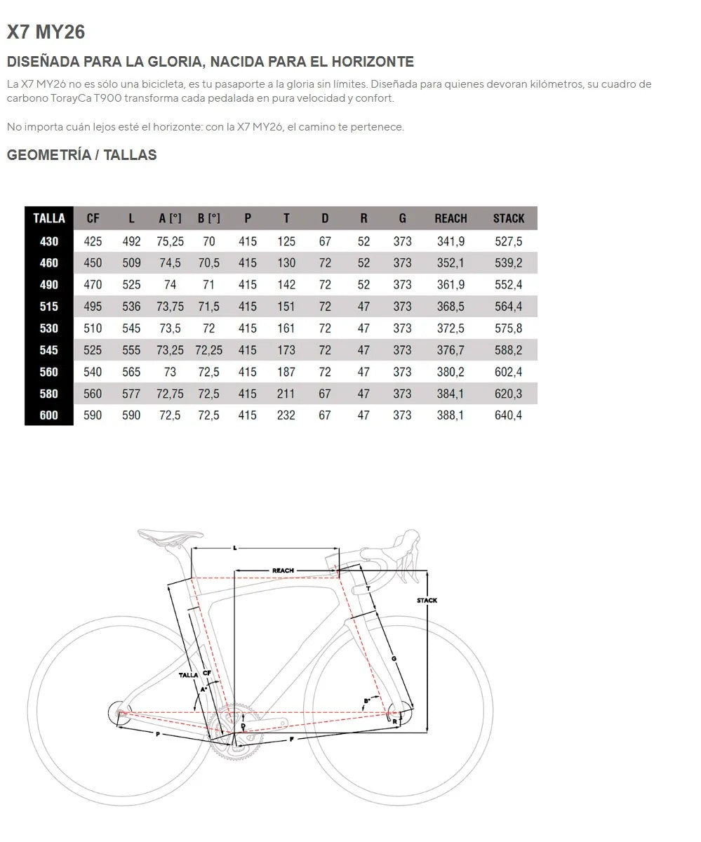 Pinarello X7 Ultegra Di2 2x12v Fulcrum Racing 800 2026 G260 Xpeed Saturn Silver - Geometría