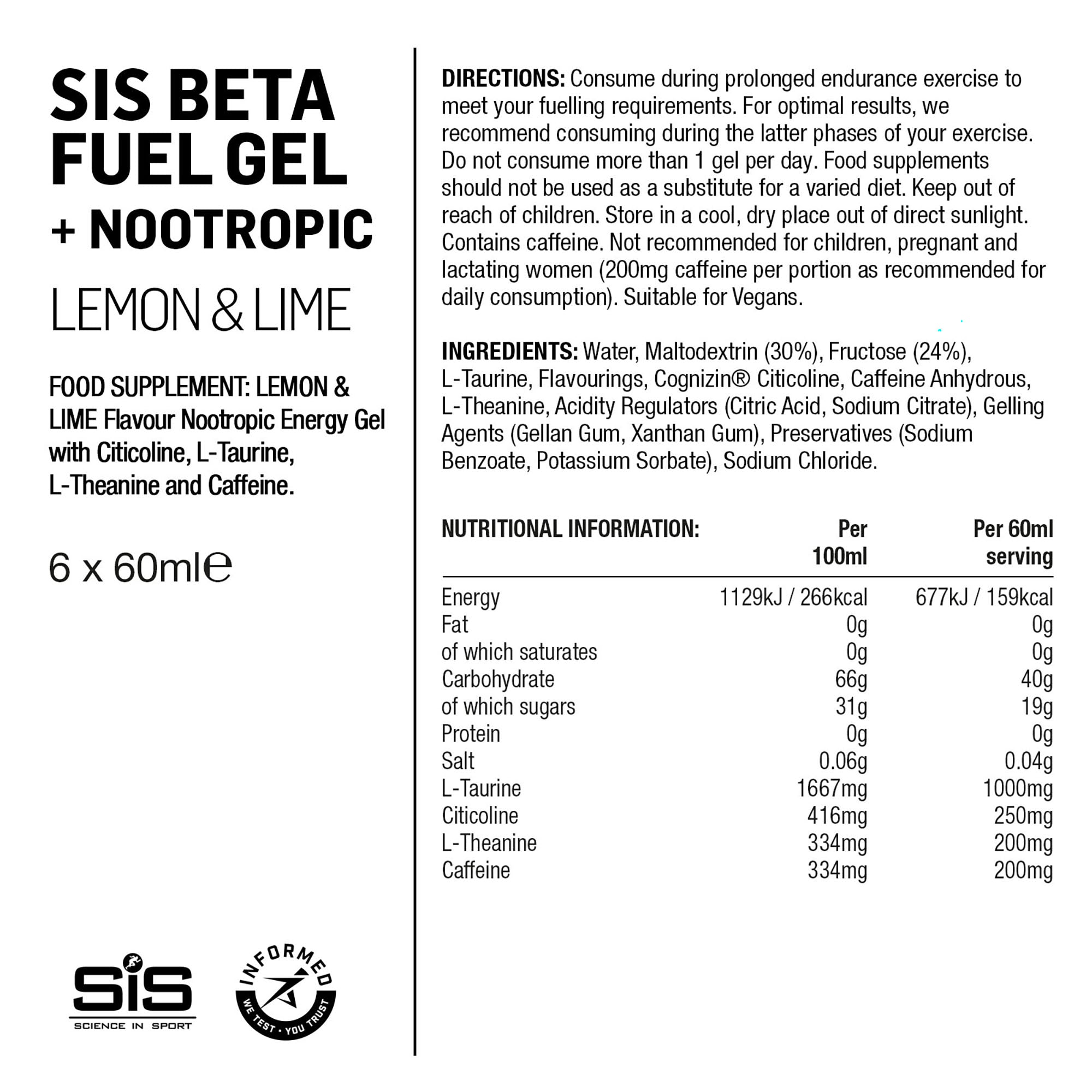 SIS BETA Fuel Gel Energético/Nootrópicos 6x60ml Limón/Lima #2