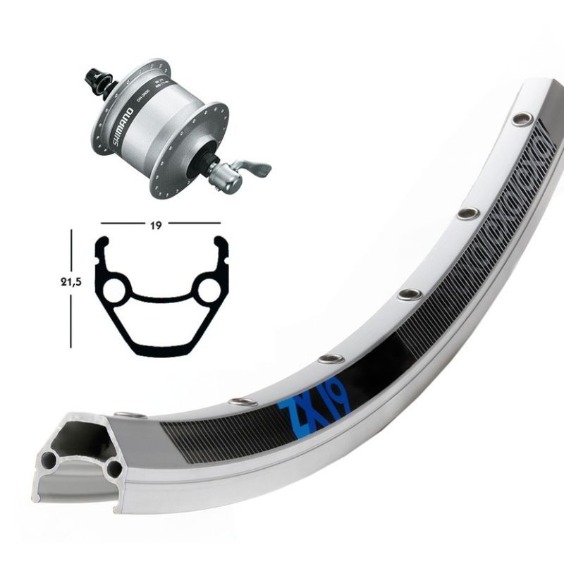 Rueda Delantera Exal ZX19 Cierre Rápido Buje Dinamo Shimano DH3N30 Plata